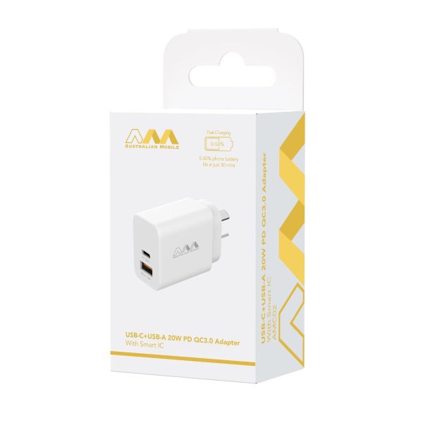Australian Mobile AMC02 USB-C + USB-A 20W PD QC3.0 Adapter With Smart IC