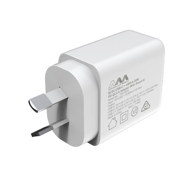 Australian Mobile AMC02 USB-C + USB-A 20W PD QC3.0 Adapter With Smart IC
