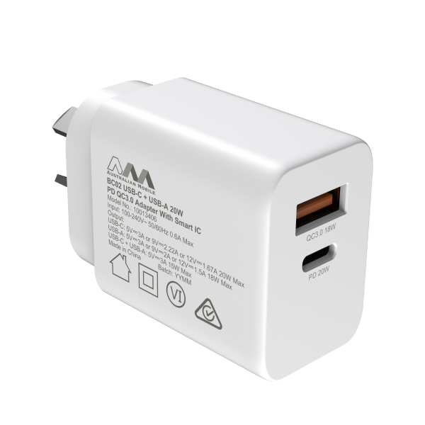 Australian Mobile AMC02 USB-C + USB-A 20W PD QC3.0 Adapter With Smart IC