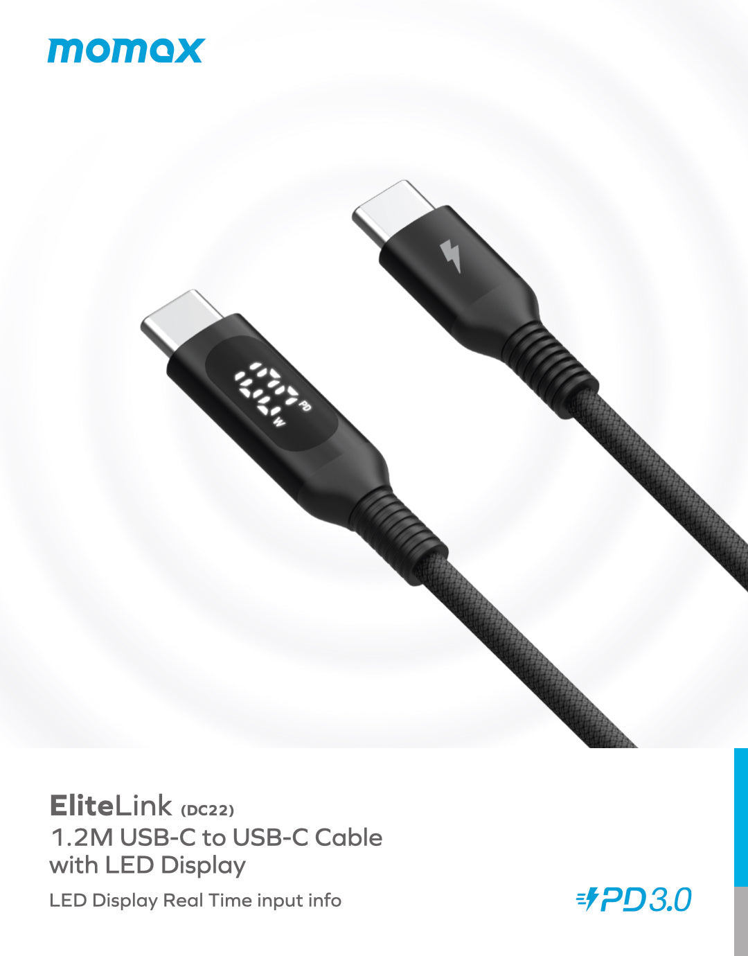 Momax Elitelink USB-C to C PD100W USB-C To USB-C with LED display (1.2M) DC22