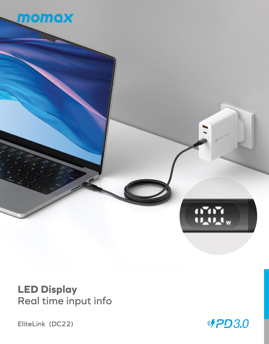 Momax Elitelink USB-C to C PD100W USB-C To USB-C with LED display (1.2M) DC22