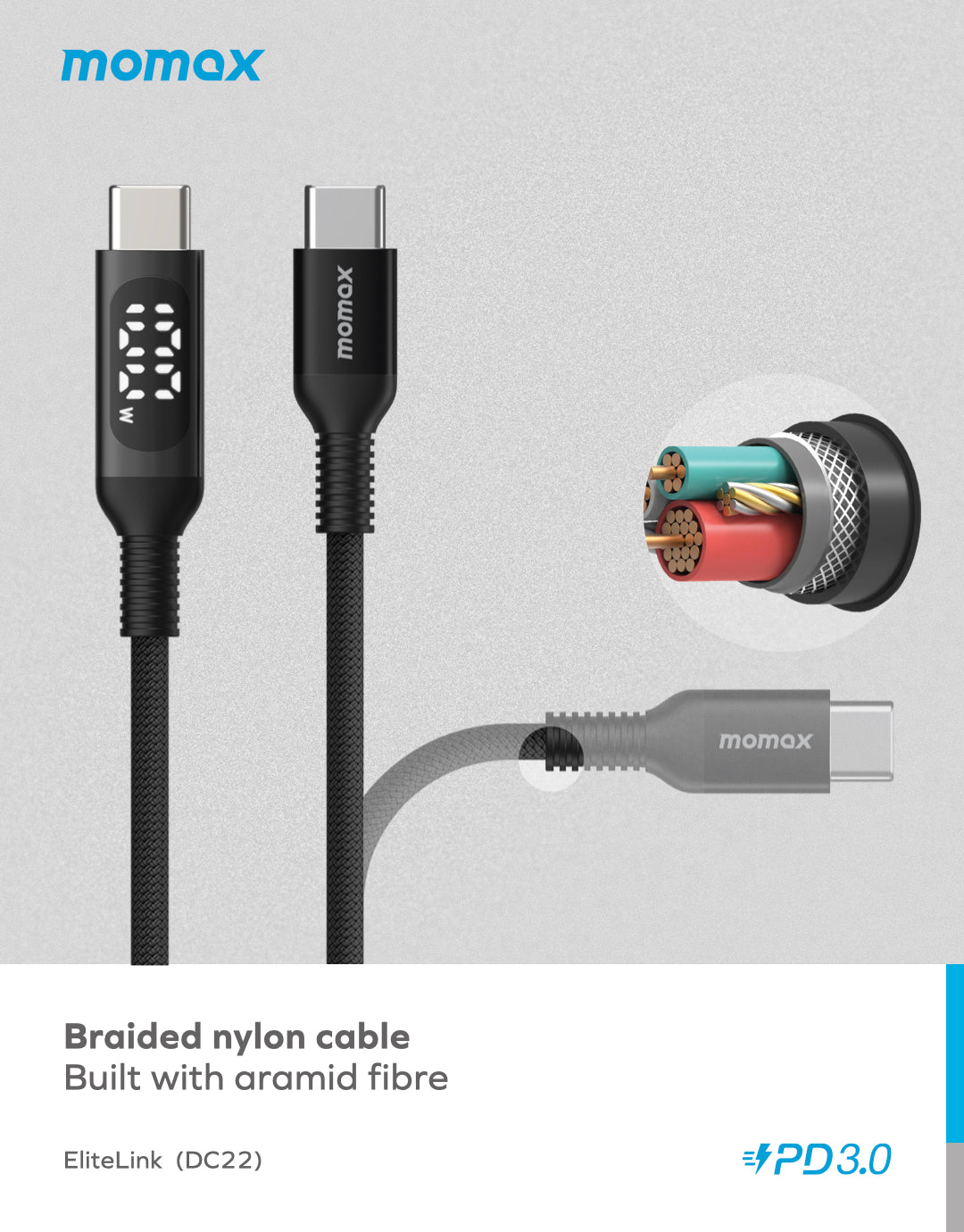 Momax Elitelink USB-C to C PD100W USB-C To USB-C with LED display (1.2M) DC22