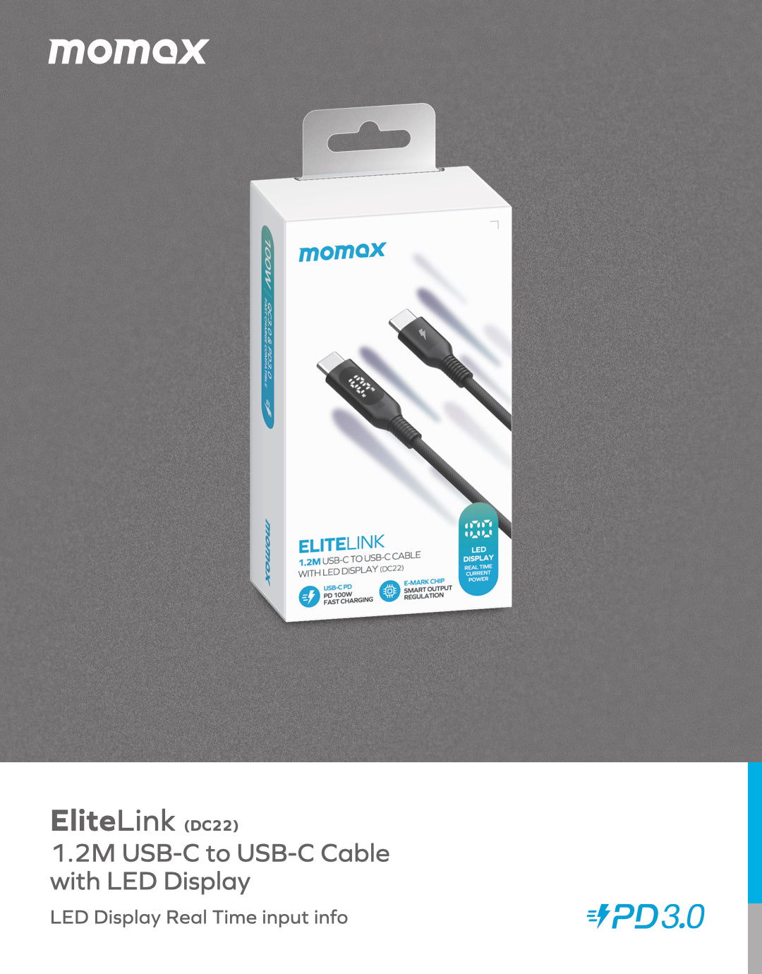 Momax Elitelink USB-C to C PD100W USB-C To USB-C with LED display (1.2M) DC22