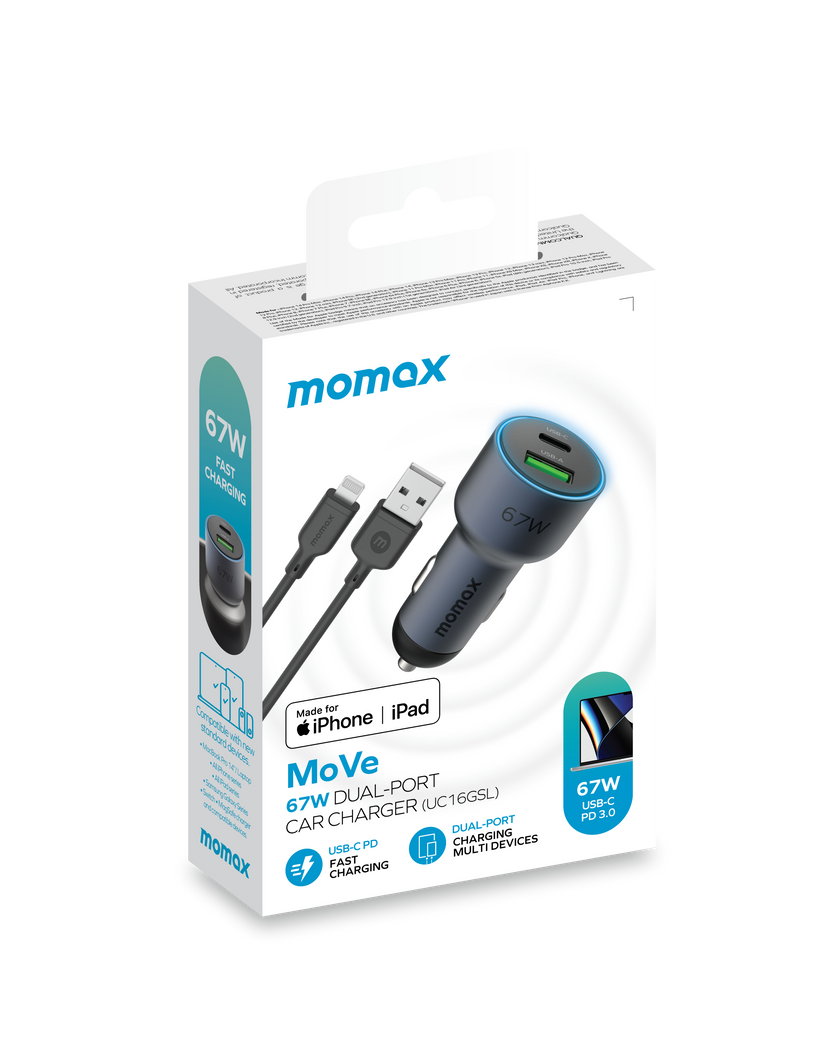 Momax MoVe 67W Dual Output Car Charger (with charging cable DL16) UC16GSL