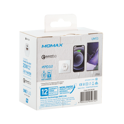 Momax One Plug 2 Ports USB Fast Charger (USB-C PD 3.0 + QC 3.0) UM13